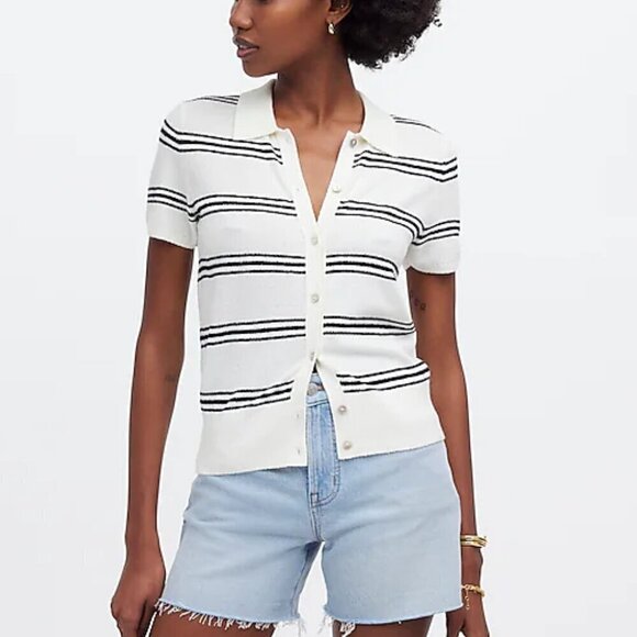 Madewell Polo Button Up Relaxed Fit Sweater Tee Black Stripe Size XS NWT - Picture 1 of 9